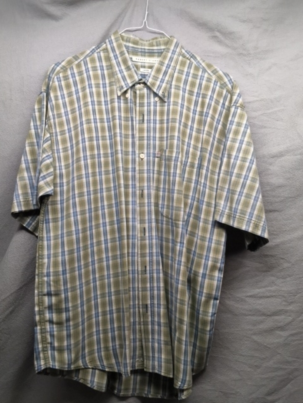 Robert Stock Men’s Large 100% Cotton Plaid Shirt Sage Blue Coastal Grandfather